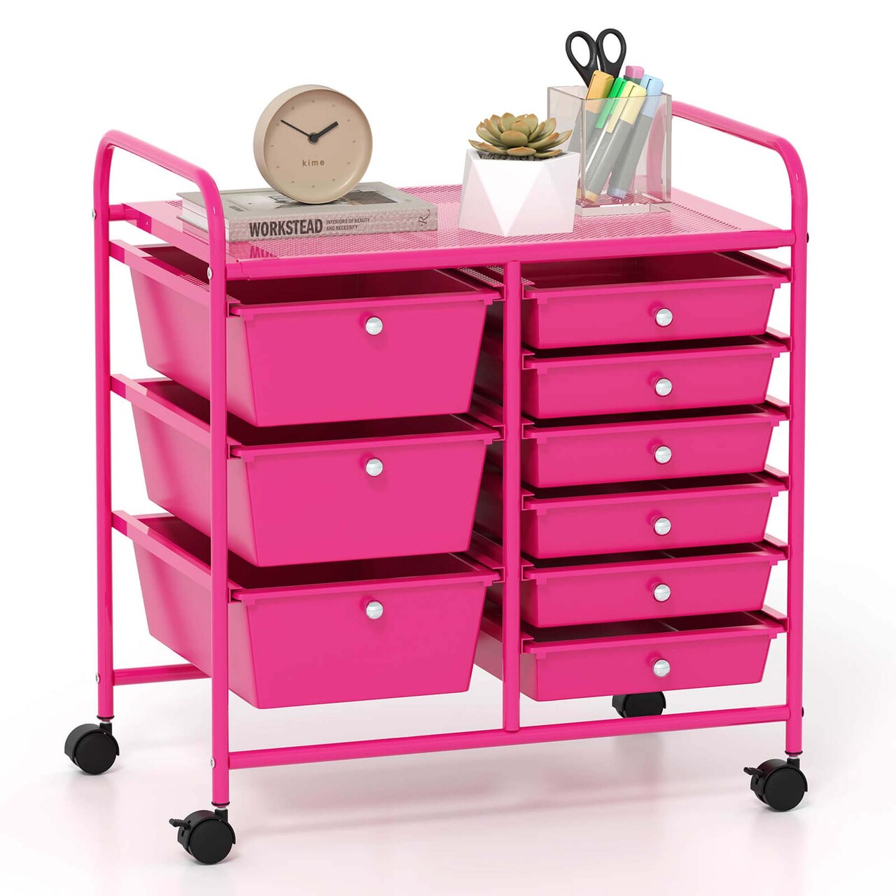 Costway 9 Drawer Rolling Organizer Cart Utility Storage Tools Scrapbook Paper Multi-Use Macaron/White/Hot Pink/Light Pink/Clear/Black